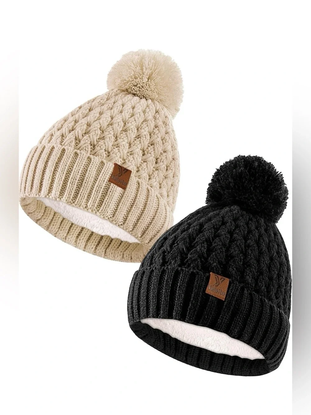 Kids Pom Cable-Knit Beanie Hat - Cream & Black (2)